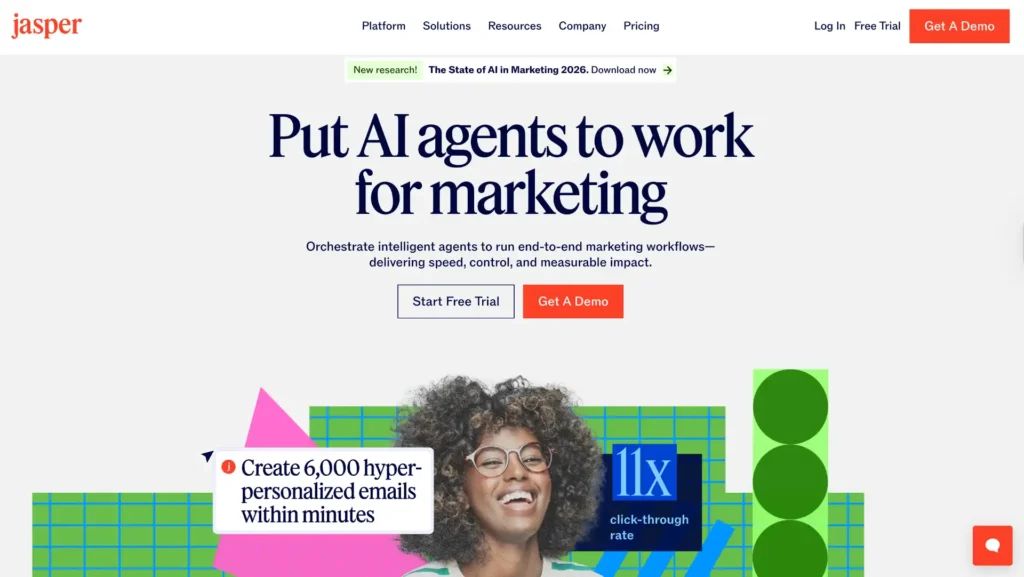 Best AI Tools for Small Businesses 3 Jasper AI marketing platform homepage. Best AI tool for small businesses in 2026 for sales copy, ads, and email marketing automation.