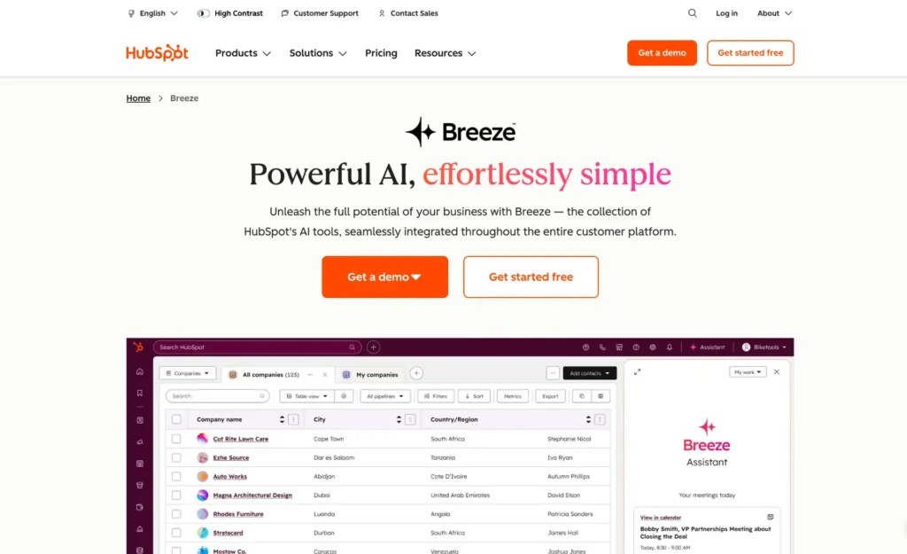 Best AI Tools for Small Businesses 10 HubSpot Breeze AI platform dashboard integrated with CRM and marketing tools