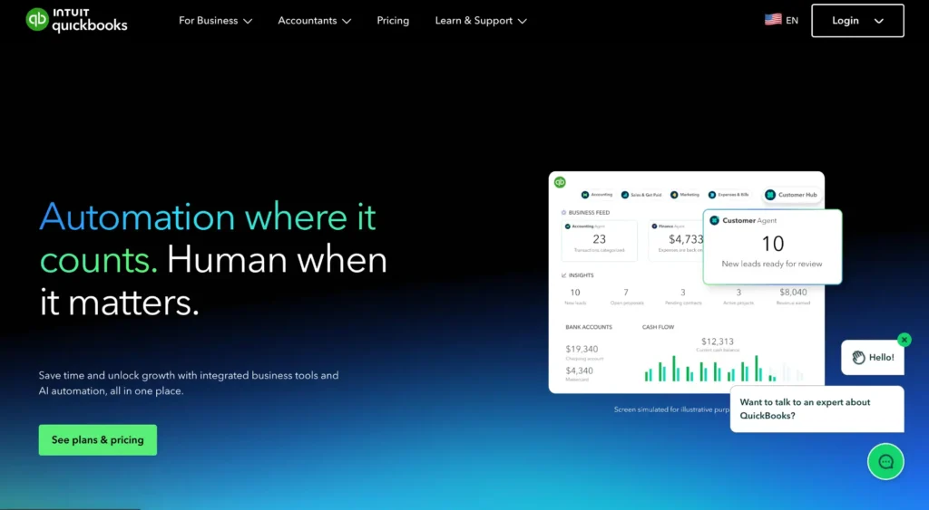 Best AI Tools for Small Businesses 14 QuickBooks AI automation dashboard for accounting, cash flow, and business insights
