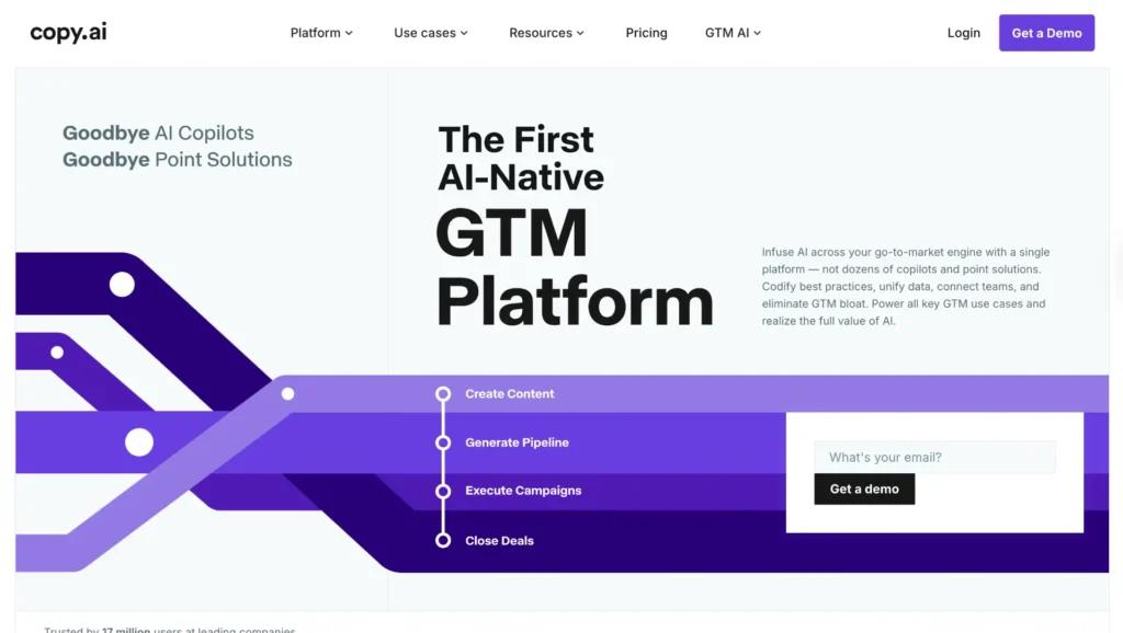Best AI Tools for Small Businesses 16 Copy.ai AI-powered GTM platform dashboard for content creation and sales automation