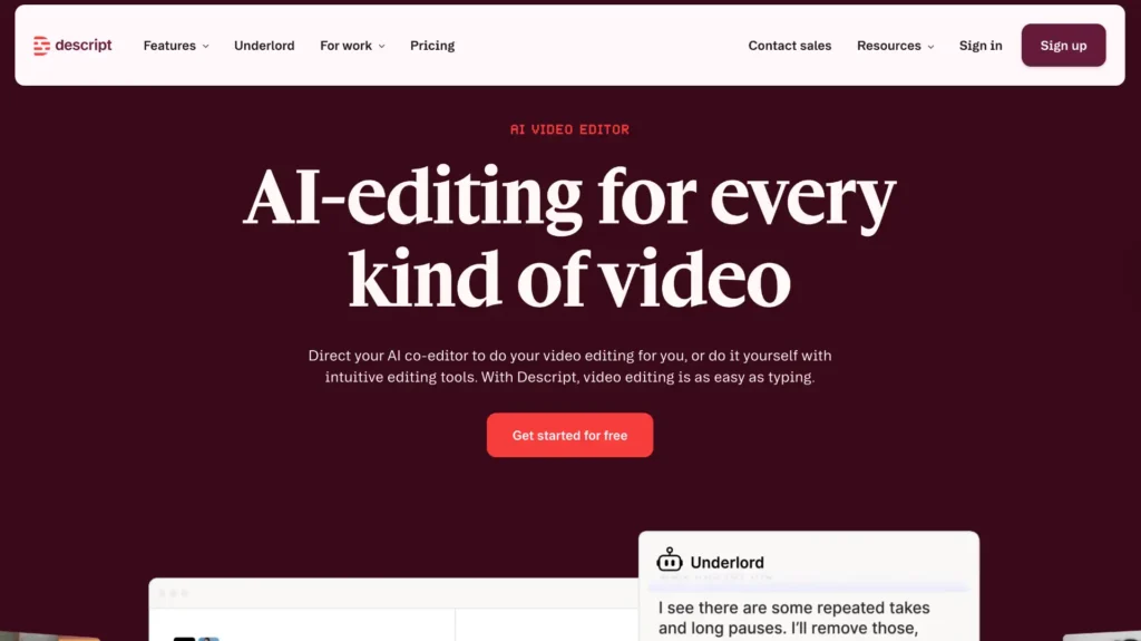 Best AI Tools for Small Businesses 9 Descript AI video editor dashboard for editing business videos easily