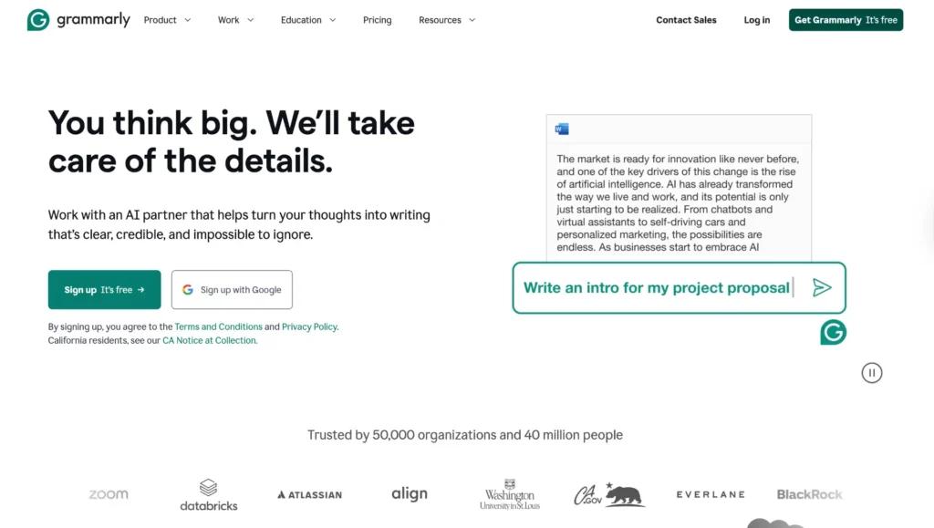 Best AI Tools for Small Businesses 8 Grammarly AI writing assistant improving business emails and blog content