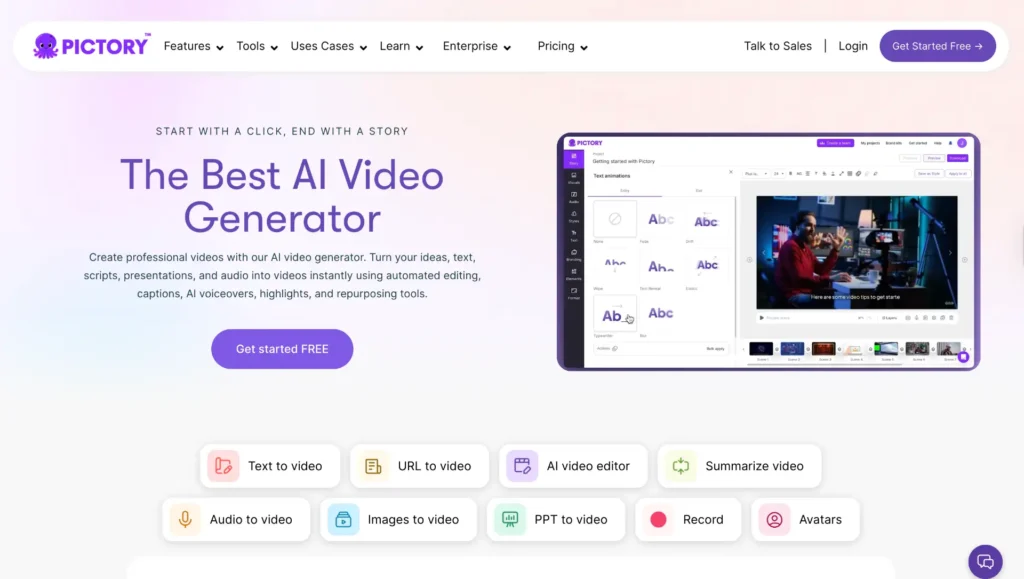 Best AI Tools for Small Businesses 5 Pictory AI video generator dashboard for creating marketing videos from text